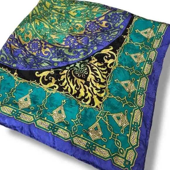 Vintage Georgiou Blue & Green Silk Scarf -  33" square - Picture 4 of 7